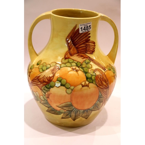 1485 - Very large Moorcroft modern twin handled fruit and finches vase signed WM. H: 38 cm. This lot is not... 