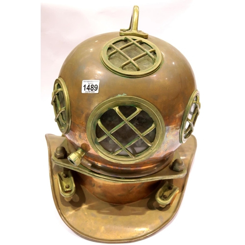 1489 - Copper and brass divers helmet, H: 45 cm. This lot is not available for in-house P&P.