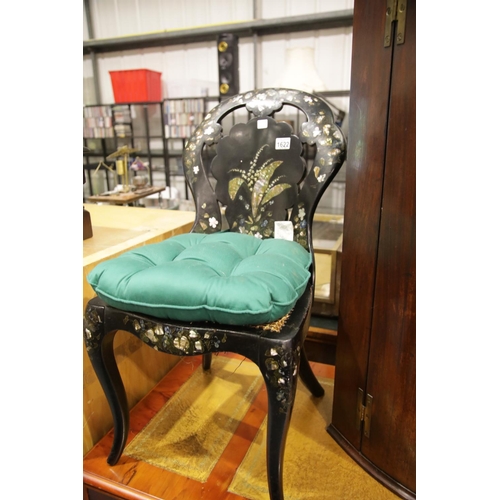 1622 - Victorian lacquered and mother-of-pearl inlaid bedroom chair with bergere panel seat (requires re-ca... 