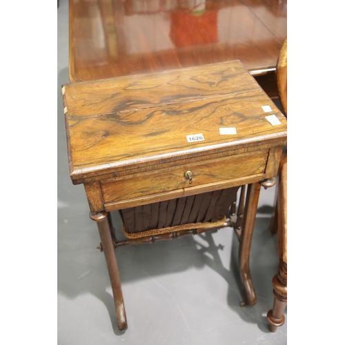 1626 - Victorian rosewood sewing box with turned stretcher and fold-over top, H: 76 cm. This lot is not ava... 