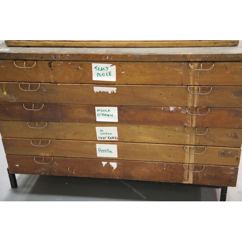 1627 - Large vintage seven drawer plan chest, raised on metal frame base, 115 x 84 x 81 cm. This lot is not... 