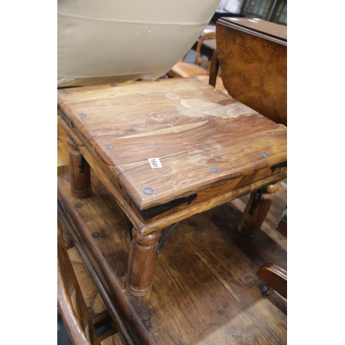 1641 - Continental hardwood square coffee table with wrought iron mounts and studded top, L: 60 cm.  This l... 