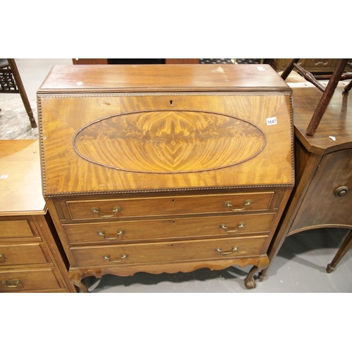 1647 - Walnut drop front bureau with fitted interior and three long drawers. This lot is not available for ... 