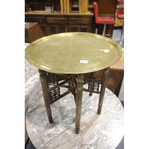 1651 - Middle Eastern folding Ciaro table with brass tray top, D: 58 cm.  This lot is not available for in-... 