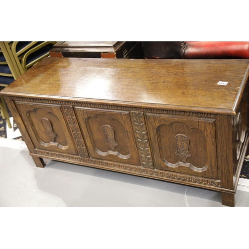 1663 - 20th century carved oak blanket box with elaborate carved panels, by W Hodkinson of Warirngton, L: 1... 