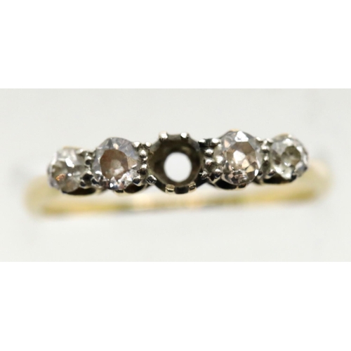 1647 - 18ct yellow gold platinum set five diamond ring, missing one diamond, size O, 2.5g. P&P Group 1 (£14... 