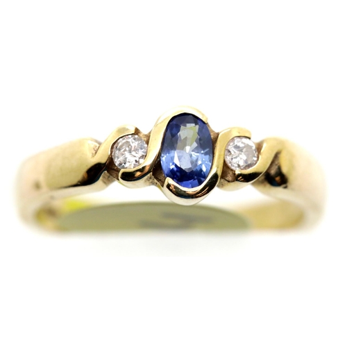 1630 - Ladies 9ct gold, sapphire and diamond three stone ring. P&P Group 1 (£14+VAT for the first lot and £... 