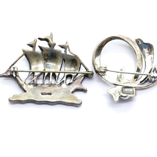 1631 - 925 silver marcasite sailing ship brooch and another similar brooch, ship L: 4 cm, 15g. P&P Group 1 ... 