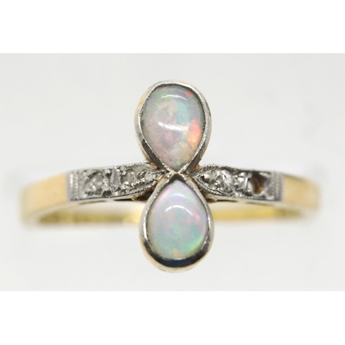1655 - 18ct yellow gold opal and diamond set ring, missing one diamond, opals approximately 0.50ct, size N,... 