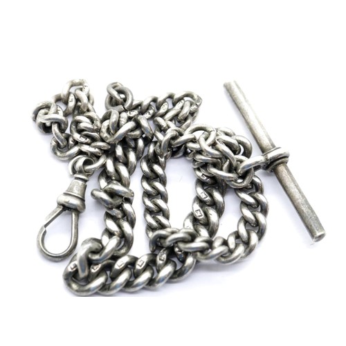 1611 - Hallmarked silver watch chain with T bar and crocodile, L: 32 cm, 31g. P&P Group 1 (£14+VAT for the ... 