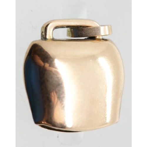1614 - Vintage 9ct gold cowbell charm. P&P Group 1 (£14+VAT for the first lot and £1+VAT for subsequent lot... 