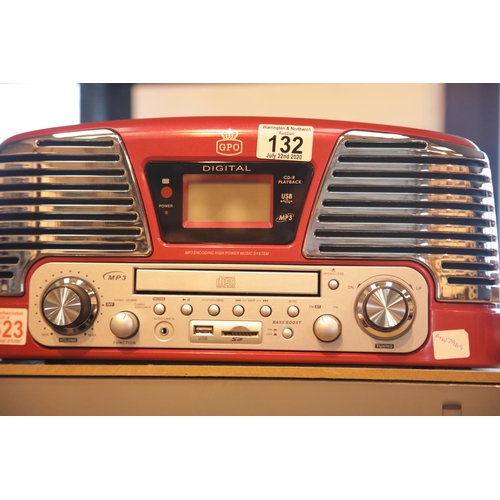 132 - Red GPO retro Memphis music centre - 3 speed turntable 33/45/78 MP3 USB player, FM radio with manual... 