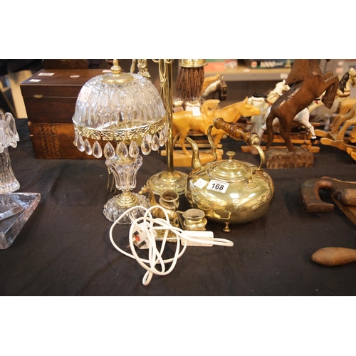 168 - Collection of brassware with table light and companion set. This lot is not available for in-house P... 