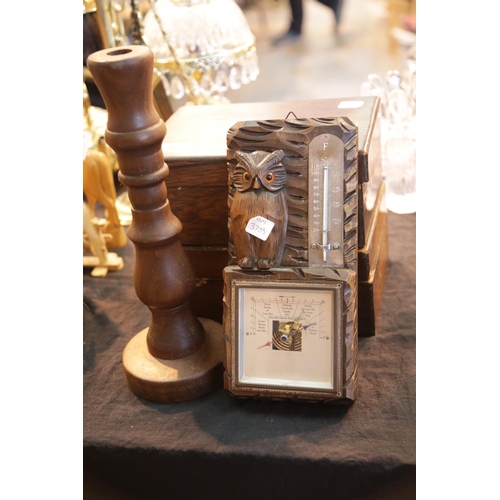 165 - Inlaid wooden box plus one other, an oak cased barometer plus a large wooden candle. This lot is not... 