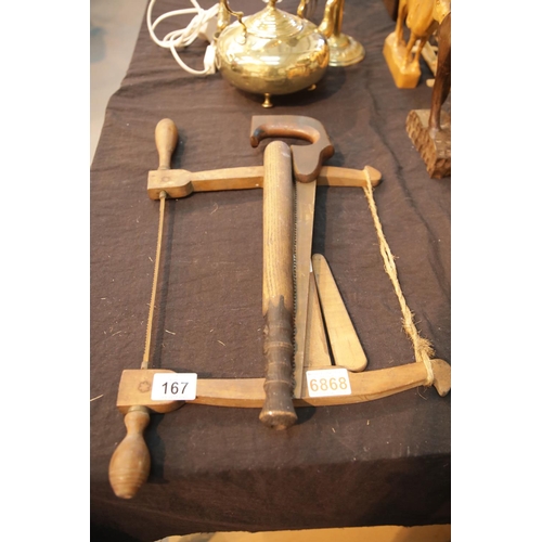 167 - Vintage coping saw, baton, saw etc. This lot is not available for in-house P&P.