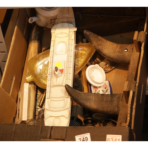 249 - Box of mixed collectables including vintage binoculars. This lot is not available for in-house P&P