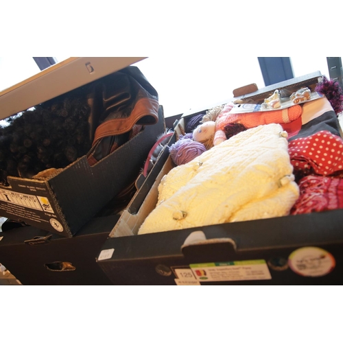 122 - Four boxes of linens, knitwear, leather coat etc. This lot is not available for in-house P&P.