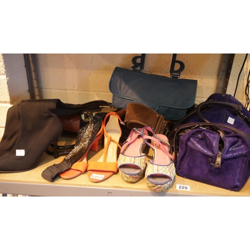 229 - Shelf of mixed handbags including Fiorelli and Red or Dead with boots and sandals made by Autograph ... 