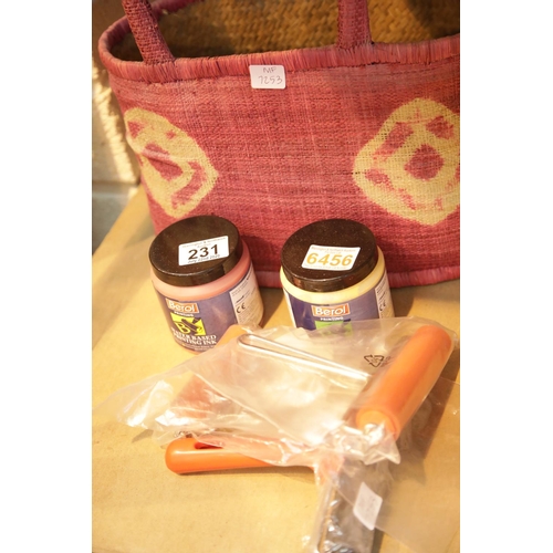 231 - Basket containing five printing inks and three new printing rollers. P&P Group 2 (£18+VAT for the fi... 