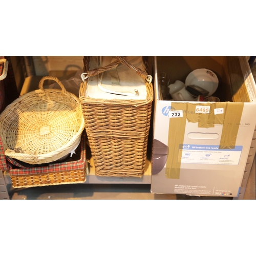 232 - Two wicker baskets and a box of mixed items including glass, ceramics etc. This lot is not available... 