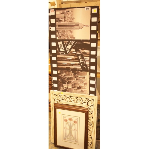 271 - Large modern canvas, small modern wall mirror and two framed tapestries. This lot is not available f... 