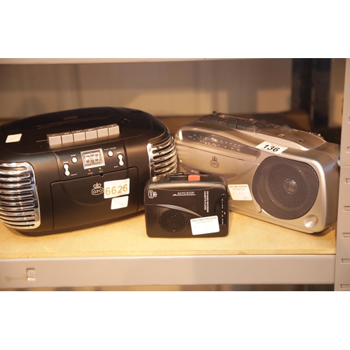 136 - Three cassette players: portable GPO PCD299 retro boombox CD, radio and cassette player; a portable ... 