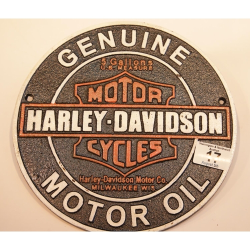 17 - Cast iron Harley Davidson Motor Oil sign, D: 24 cm. P&P Group 2 (£18+VAT for the first lot and £2+VA... 