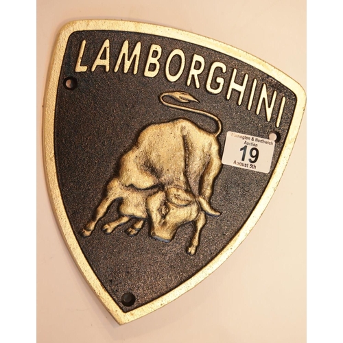 19 - Cast iron Lamborghini shield sign, 22 x 19 cm. P&P Group 2 (£18+VAT for the first lot and £2+VAT for... 