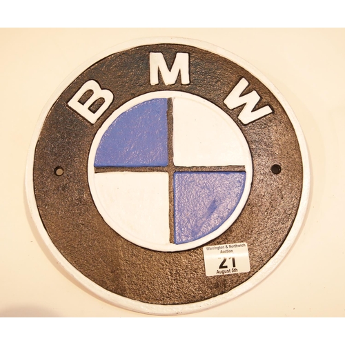 21 - Cast iron BMW sign, D: 24 cm. P&P Group 2 (£18+VAT for the first lot and £2+VAT for subsequent lots)