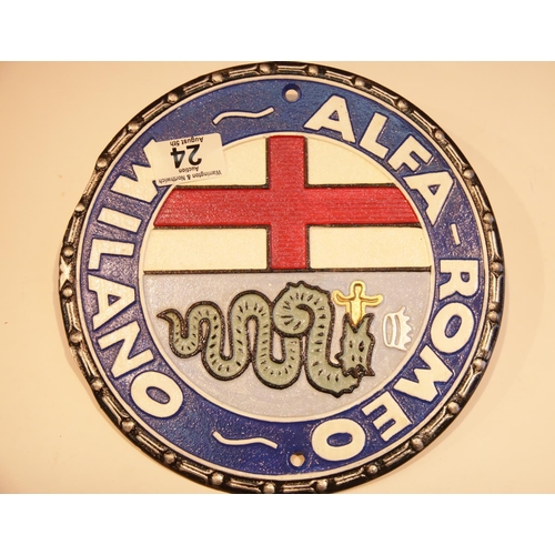 24 - Cast iron Alfa Romeo sign, D: 24 cm. P&P Group 2 (£18+VAT for the first lot and £2+VAT for subsequen... 