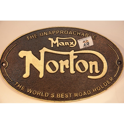 28 - Cast iron Manx Norton sign, 38 x 20 cm. P&P Group 2 (£18+VAT for the first lot and £2+VAT for subseq... 