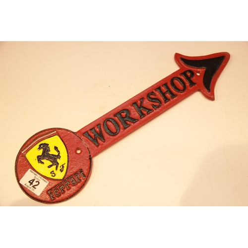 42 - Cast iron Ferrari Workshop arrow sign, 41 x 12 cm. P&P Group 2 (£18+VAT for the first lot and £2+VAT... 