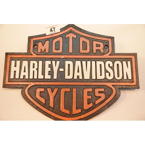 47 - Cast iron Harley Davidson shield sign, 34 x 26 cm. P&P Group 2 (£18+VAT for the first lot and £2+VAT... 