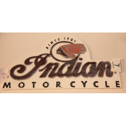 7 - Cast iron Indian Motorcycle sign, 30 x 15 cm. P&P Group 2 (£18+VAT for the first lot and £2+VAT for ... 