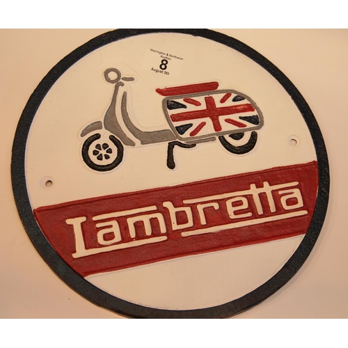 8 - Cast iron Lambretta scooter circular sign, D: 28 cm. P&P Group 2 (£18+VAT for the first lot and £2+V... 