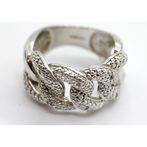 1126 - Silver diamond set link ring, 7.0g, size P, one diamond missing. P&P Group 1 (£14+VAT for the first ... 