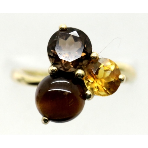 1159 - 9ct gold tigers eye, citrine and smokey quartz set spinner ring, size P, 3.9g. P&P Group 1 (£14+VAT ... 