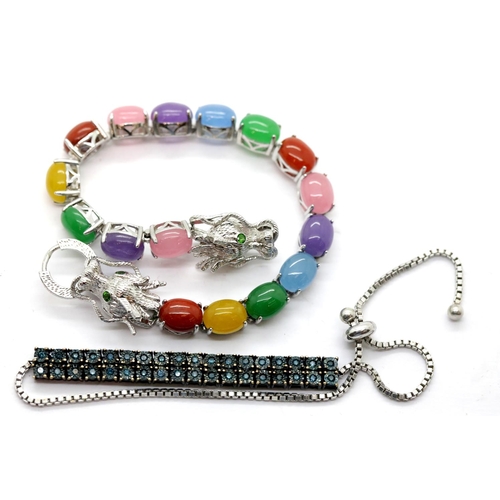 1158 - Modern silver stone set bracelet with dragon head clasp L: 20 cm, and a further stone set silver bra... 