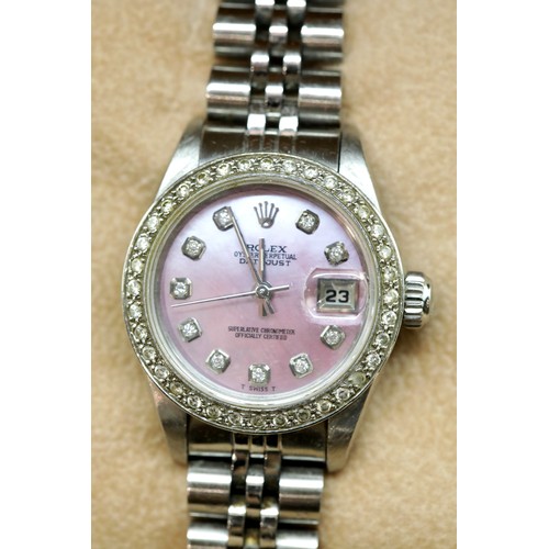 1270 - Ladies Rolex Oyster Perpetual Datejust with pink face, diamond bezel and diamond numerals on a stain... 