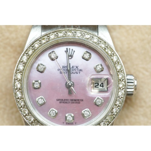 1270 - Ladies Rolex Oyster Perpetual Datejust with pink face, diamond bezel and diamond numerals on a stain... 
