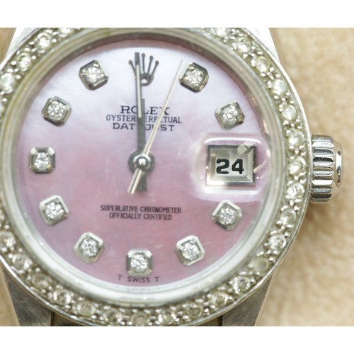 1270 - Ladies Rolex Oyster Perpetual Datejust with pink face, diamond bezel and diamond numerals on a stain... 