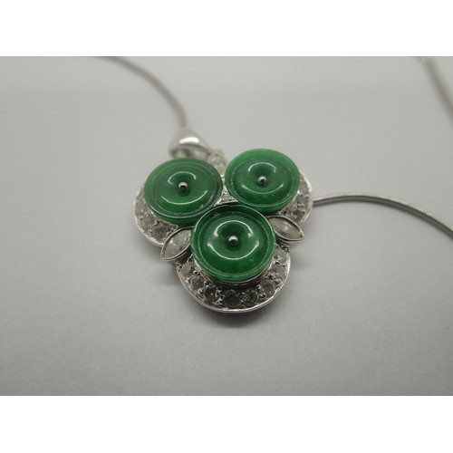1128 - 18ct white gold diamond and jade set pendant on an 18ct white gold chain, L: 43 cm, 8.3g pendant siz... 