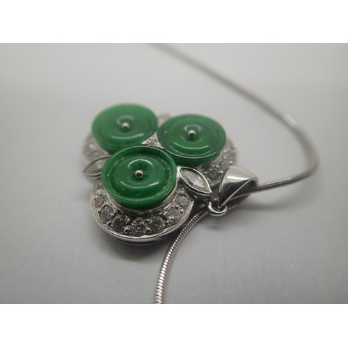 1128 - 18ct white gold diamond and jade set pendant on an 18ct white gold chain, L: 43 cm, 8.3g pendant siz... 