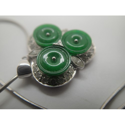 1128 - 18ct white gold diamond and jade set pendant on an 18ct white gold chain, L: 43 cm, 8.3g pendant siz... 