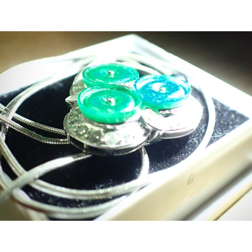 1128 - 18ct white gold diamond and jade set pendant on an 18ct white gold chain, L: 43 cm, 8.3g pendant siz... 