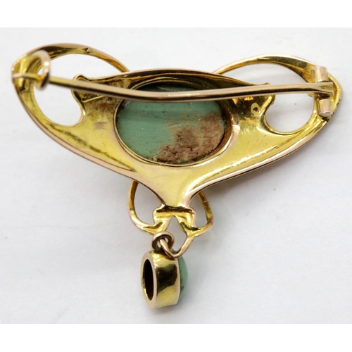 1149 - Edwardian Art Nouveau brooch set with turquoise, presumed 15ct gold. P&P Group 1 (£14+VAT for the fi... 