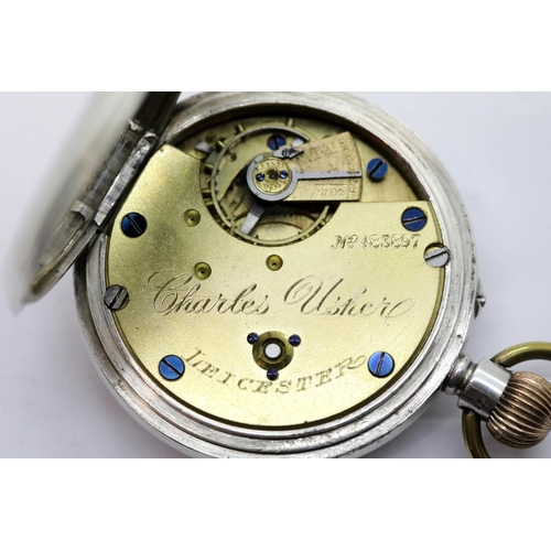 1160I - Hallmarked silver crown wind pocket watch by Charles Usher Leicester, Chester assay. P&P Group 1 (£1... 