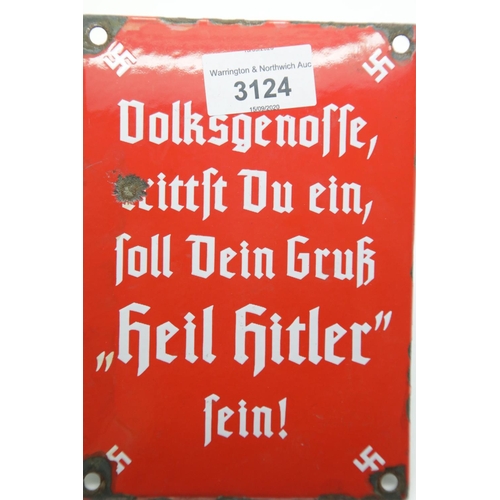 3124 - German Third Reich type enamelled metal plaque, 17 x 12 cm. P&P Group 1 (£14+VAT for the first lot a... 