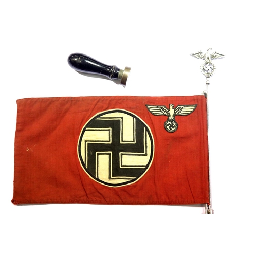 3027 - German WWII type car pennant on a chromed eagle and swastika pole and two Nazi wooden handled metal ... 