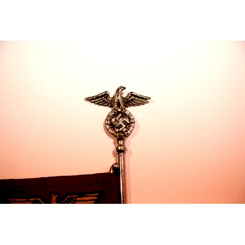 3027 - German WWII type car pennant on a chromed eagle and swastika pole and two Nazi wooden handled metal ... 